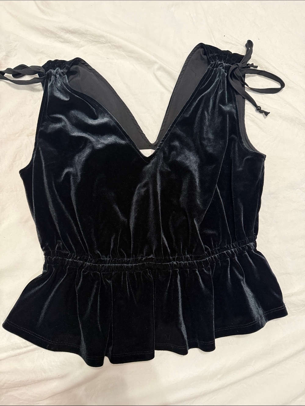 Adyson Parker Black Velvet V-Neck Peplum Top with Tie Straps